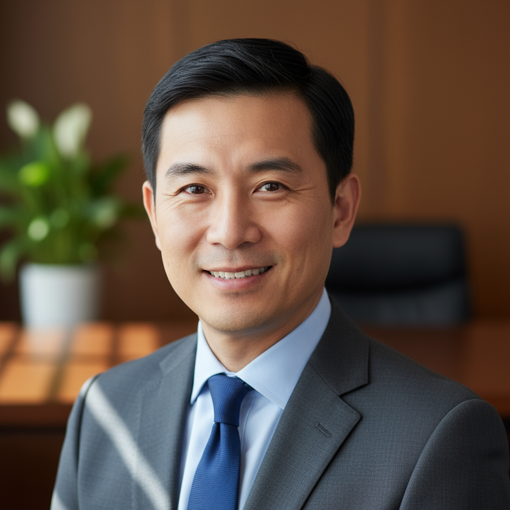 Professional Asian man with short black hair in navy suit smiling at camera