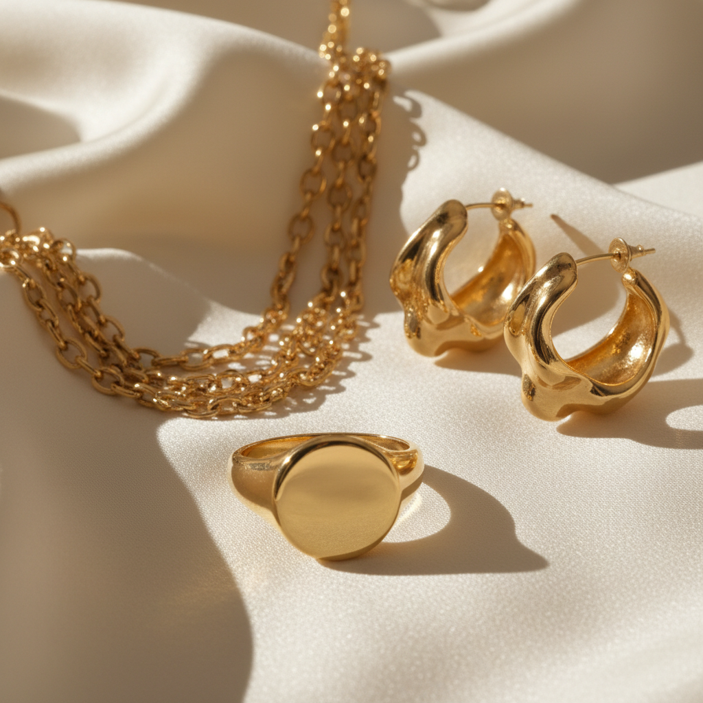 Curated gold layering jewellery set arranged artfully on bright cream fabric surface