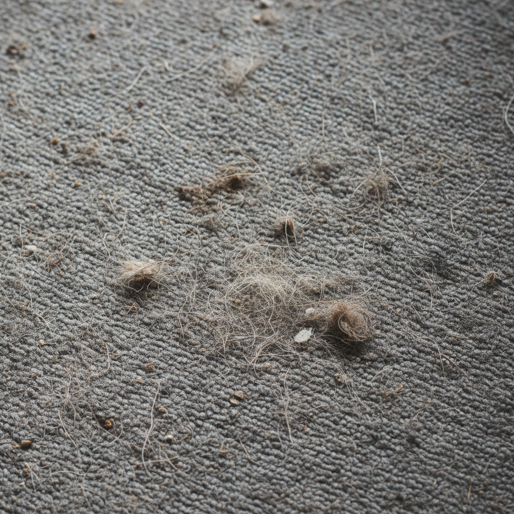 Bedroom carpet with years of accumulated soil, flat matted fibers, and overall dull appearance before cleaning