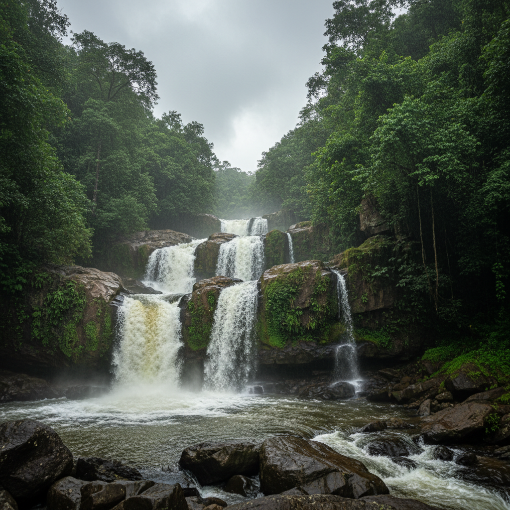 Monsoon waterfall rushing through rocky gorge with dark atmospheric mist and lush green surroundings