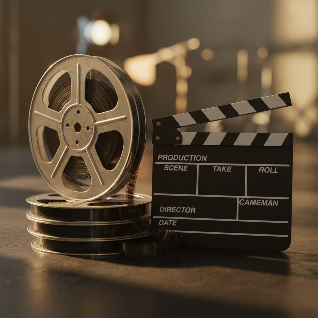 Cinematic film reel and clapperboard on bright studio background