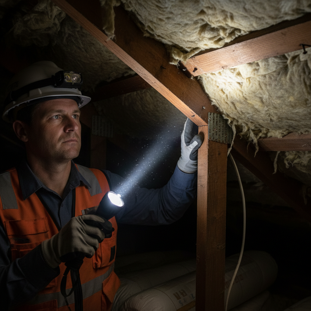 Professional A-frame home inspector examining roof structure with flashlight in steep ceiling cavity