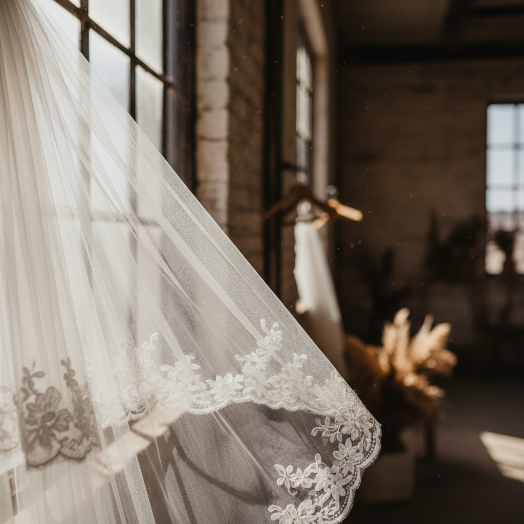 Romantic lace wedding dress with cathedral train, natural window light