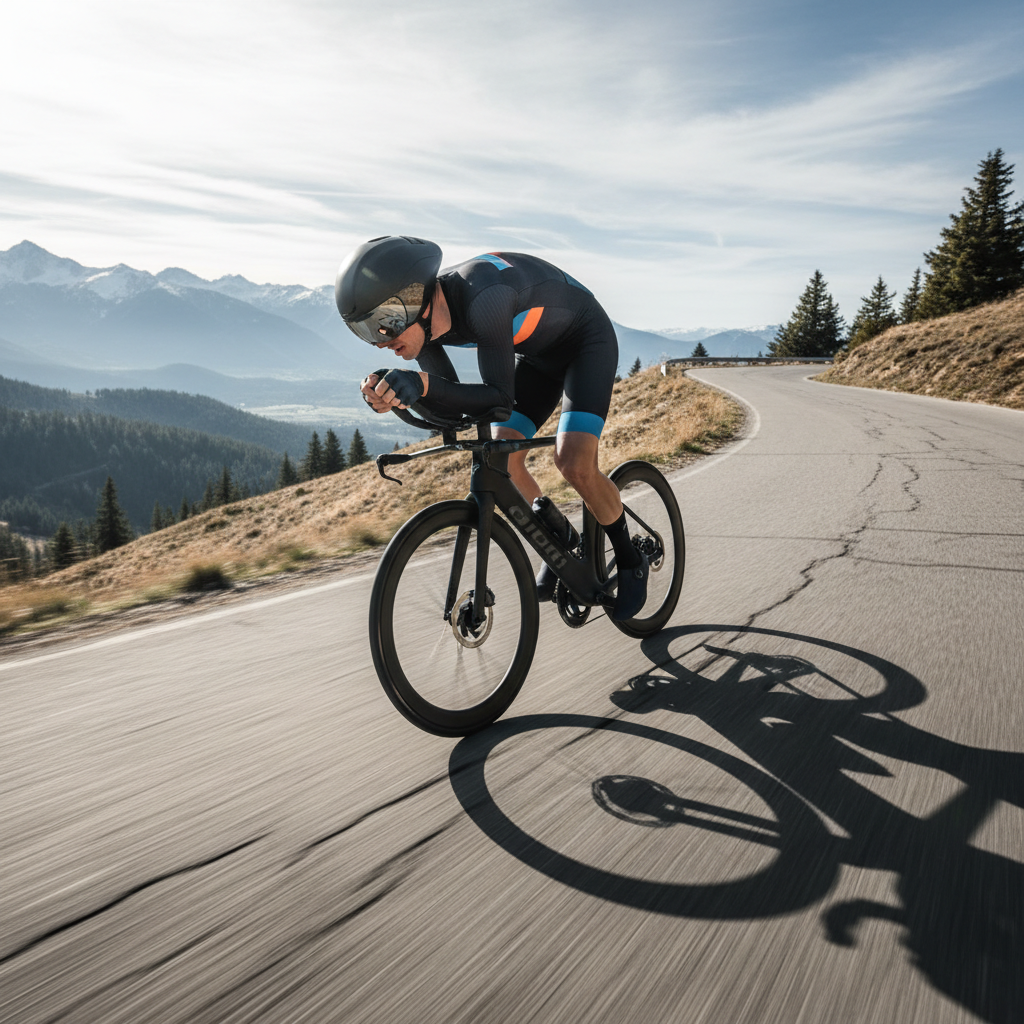 Cyclist descending a steep hill at speed, leaning into a sharp bend, carbon bike frame