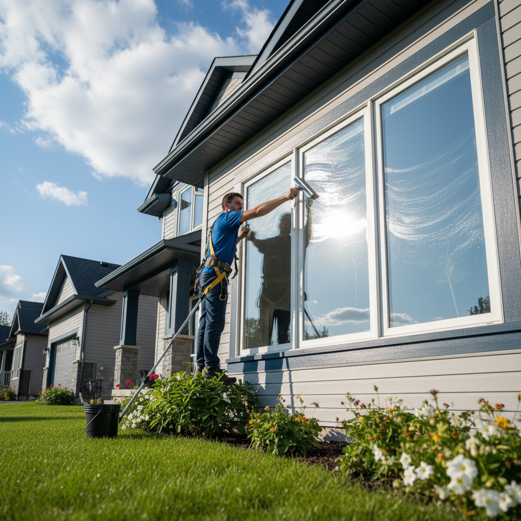 Professional window cleaning on a home exterior