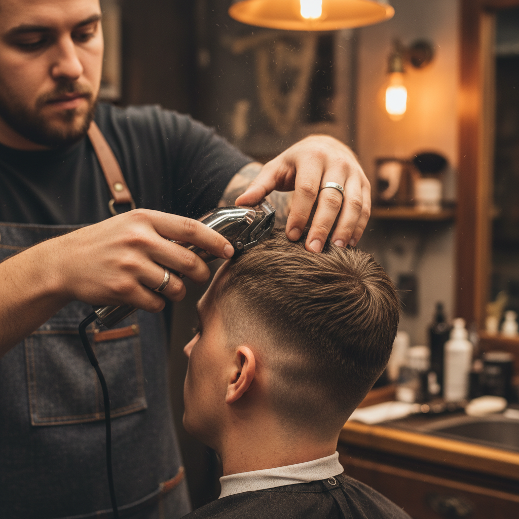 Stylist's hand tilting client's chin mid-fade, clippers humming, warm overhead light catching hair dust in a jazz-lounge salon