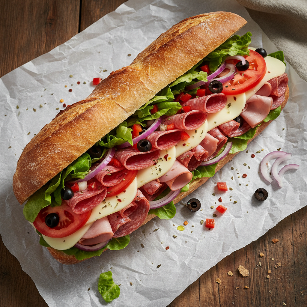 Fresh Italian sub sandwich with colorful toppings and toasted bread on white paper wrapper