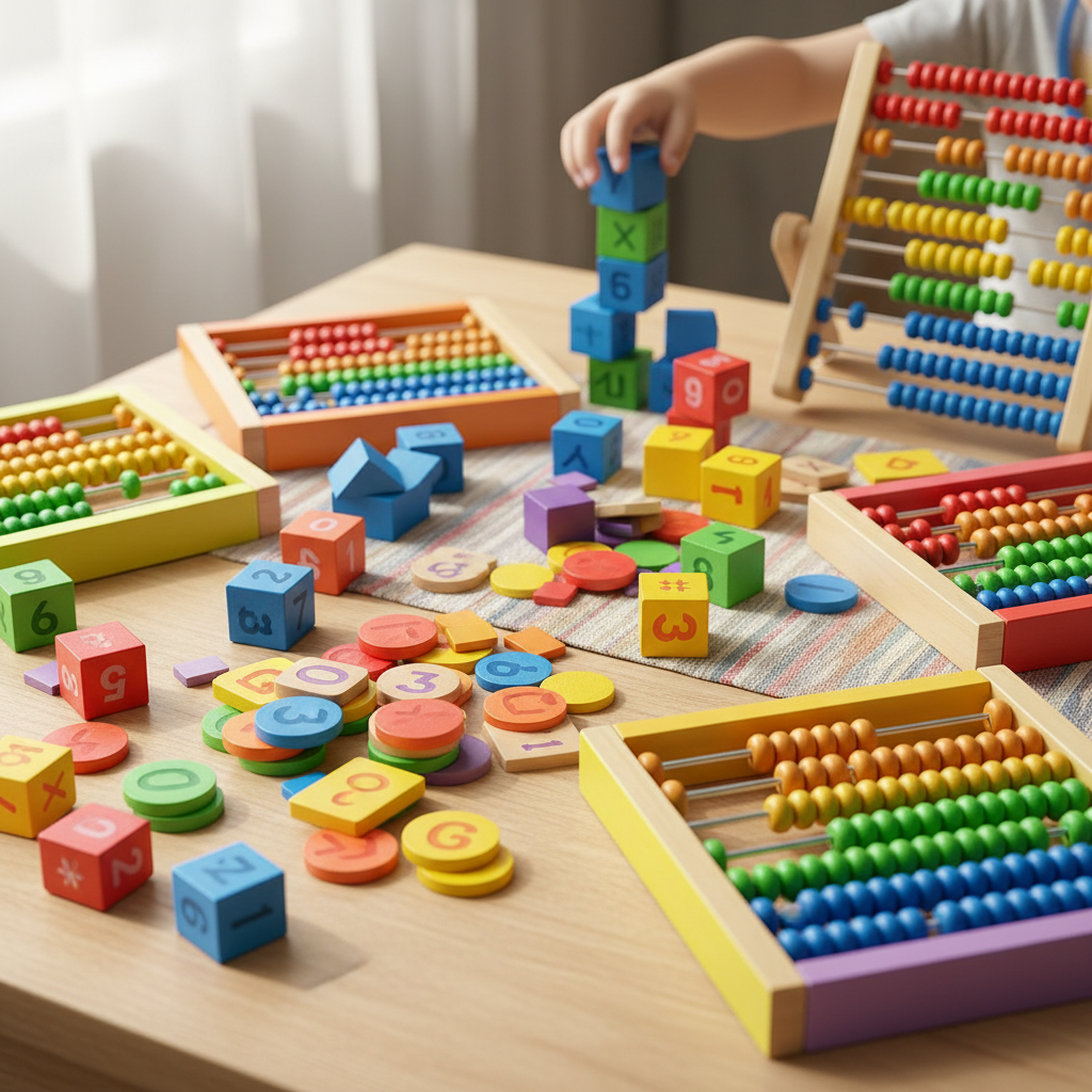 Colorful wooden counting blocks and math manipulatives arranged on a bright white surface