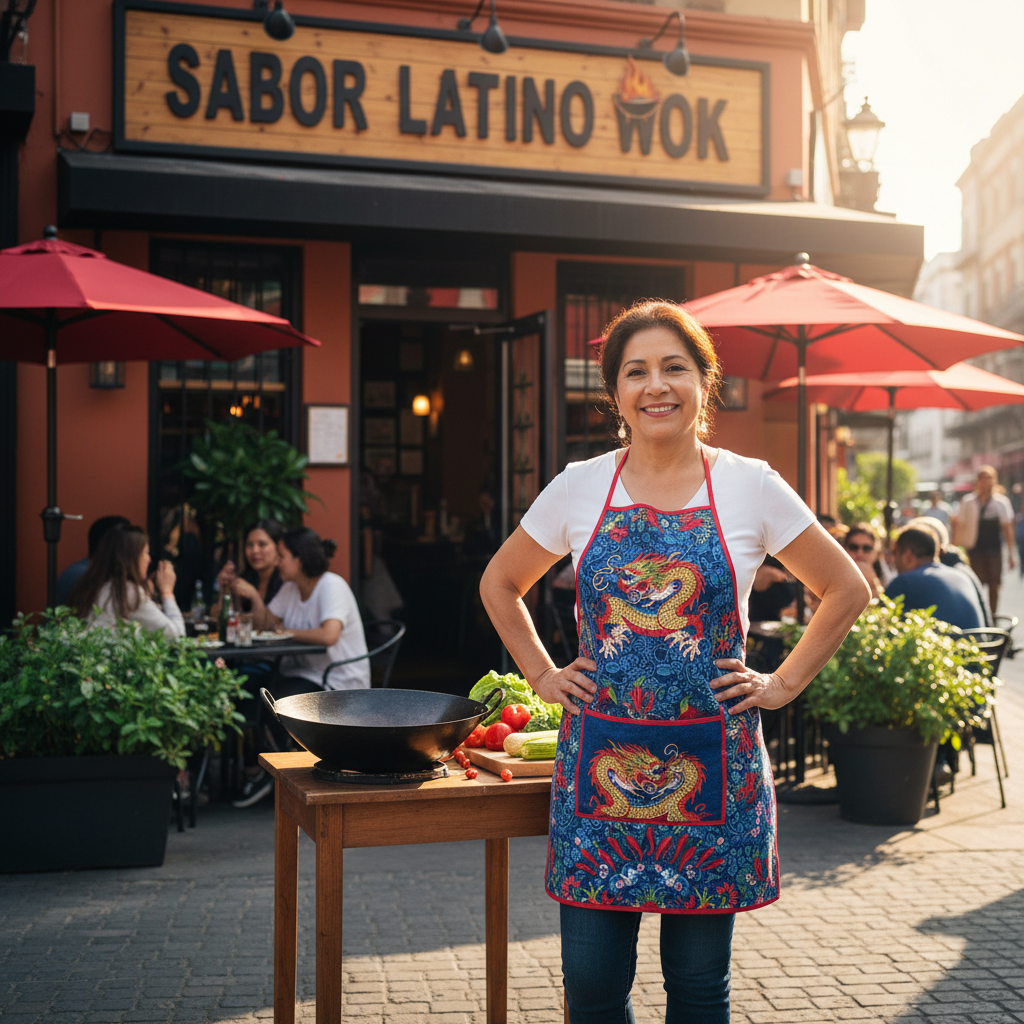 Yolanda Reyes, Latina woman in her 50s in Wok apron with a proud expression outside her restaurant