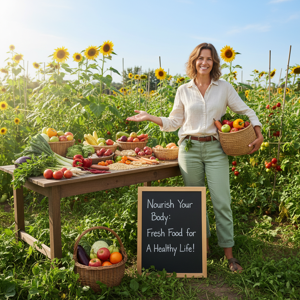 Young woman with warm smile standing in green vegetable garden, casual outdoor setting
