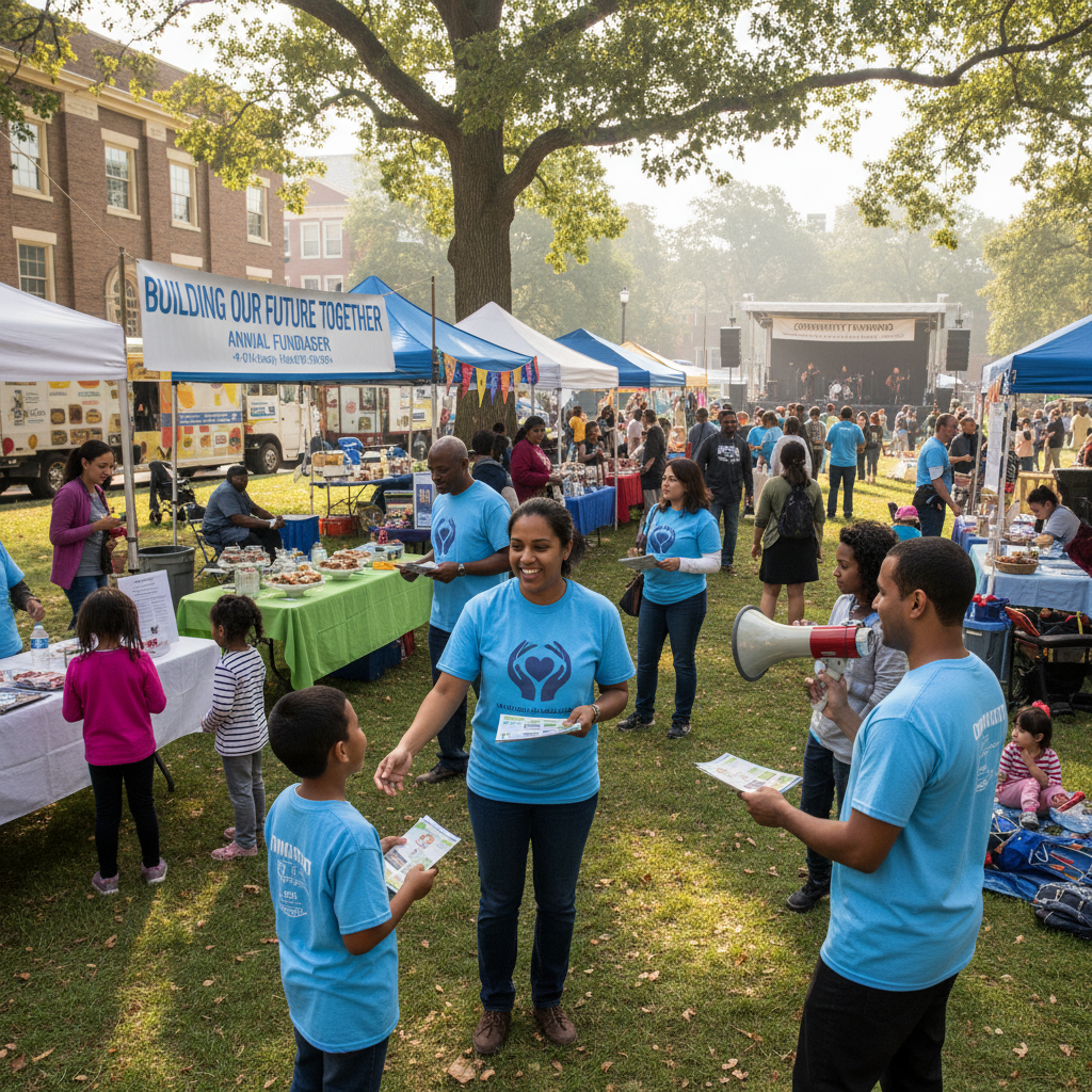 Volunteers working together at a community event with bright natural outdoor lighting