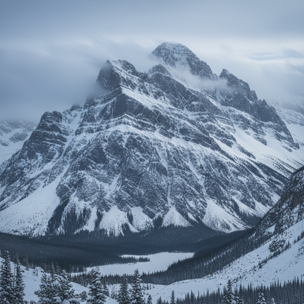 Snowy mountain peak with dramatic clouds, cold blue atmosphere, steep cliffs and ice