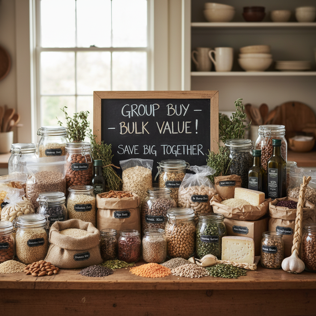 Abundant organic pantry staples spread on a kitchen table showing group buy value