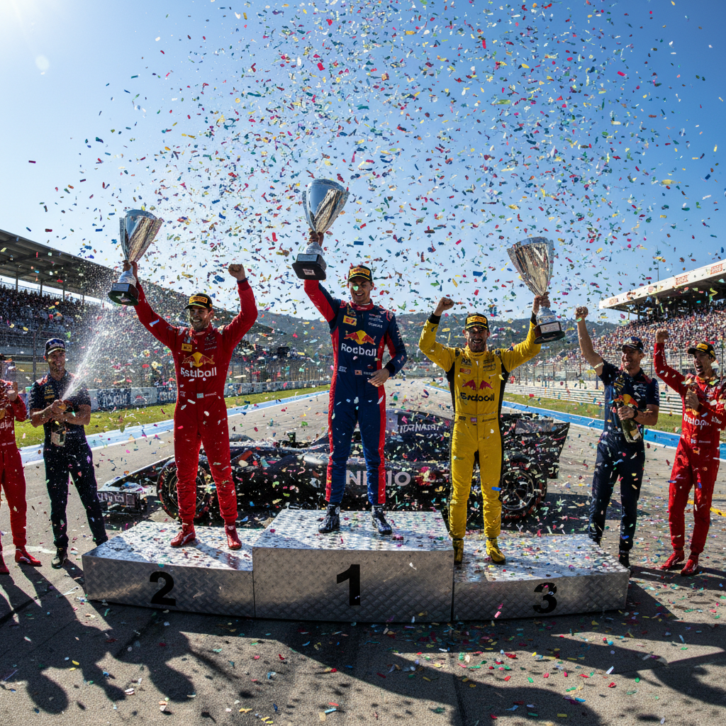 Formula racing podium celebration with team celebrating race victory