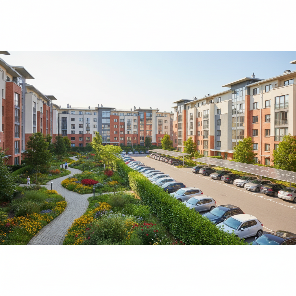 Modern apartment complex with landscaped grounds and parking area