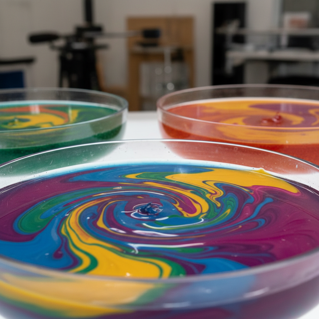 Color mixing experiment artwork showing swirls of mixed primary colors creating secondary colors