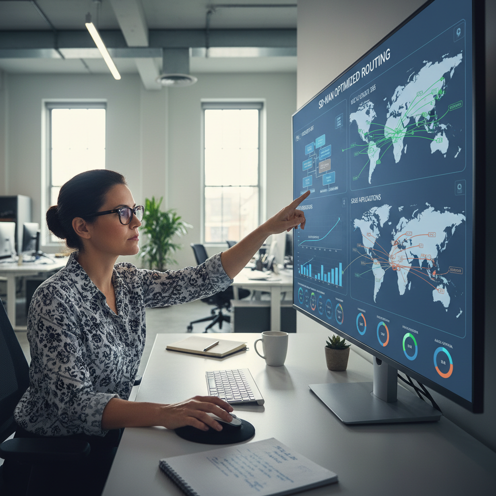 Network engineer reviewing cloud application performance dashboard showing SD-WAN optimised routing for Microsoft 365 and SaaS applications