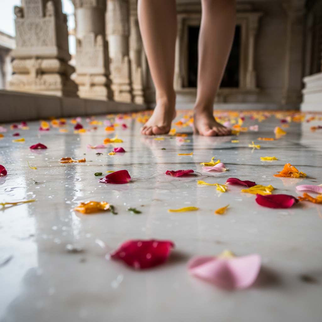 Bare feet stepping on wet marble temple floor with flower petals scattered
