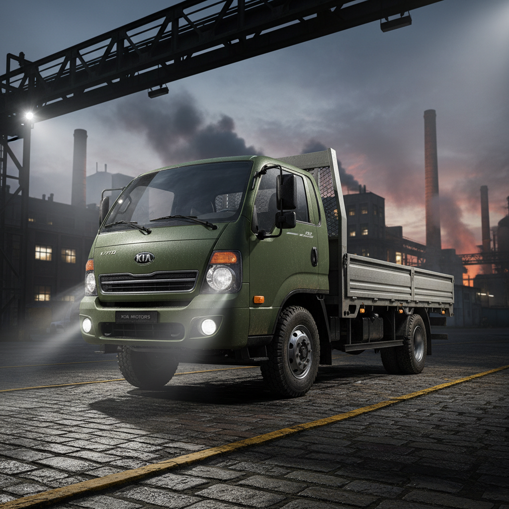 Performance diesel truck, dark charcoal metallic finish, cinematic outdoor lighting