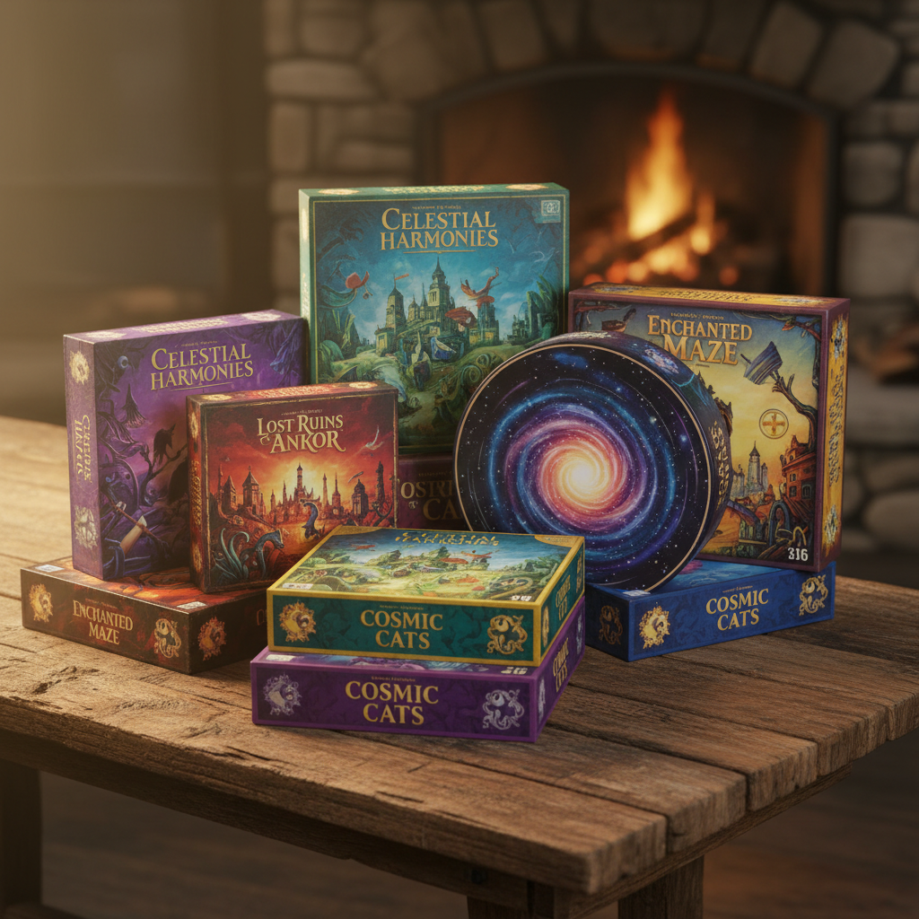 Colorful board games and puzzle boxes stacked on a wooden table for indoor rainy day activities