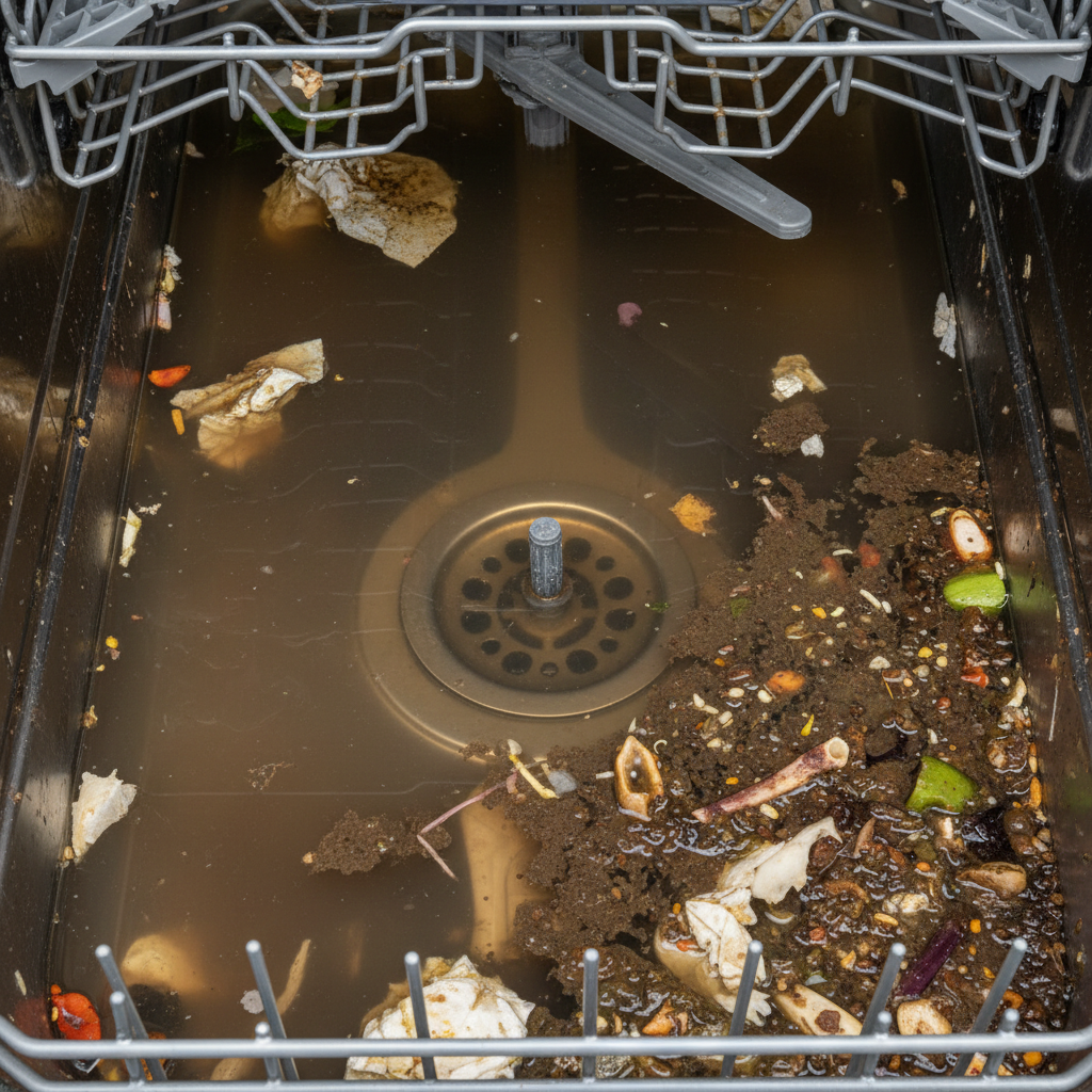 Dishwasher basin with standing murky water and debris pooled at the bottom