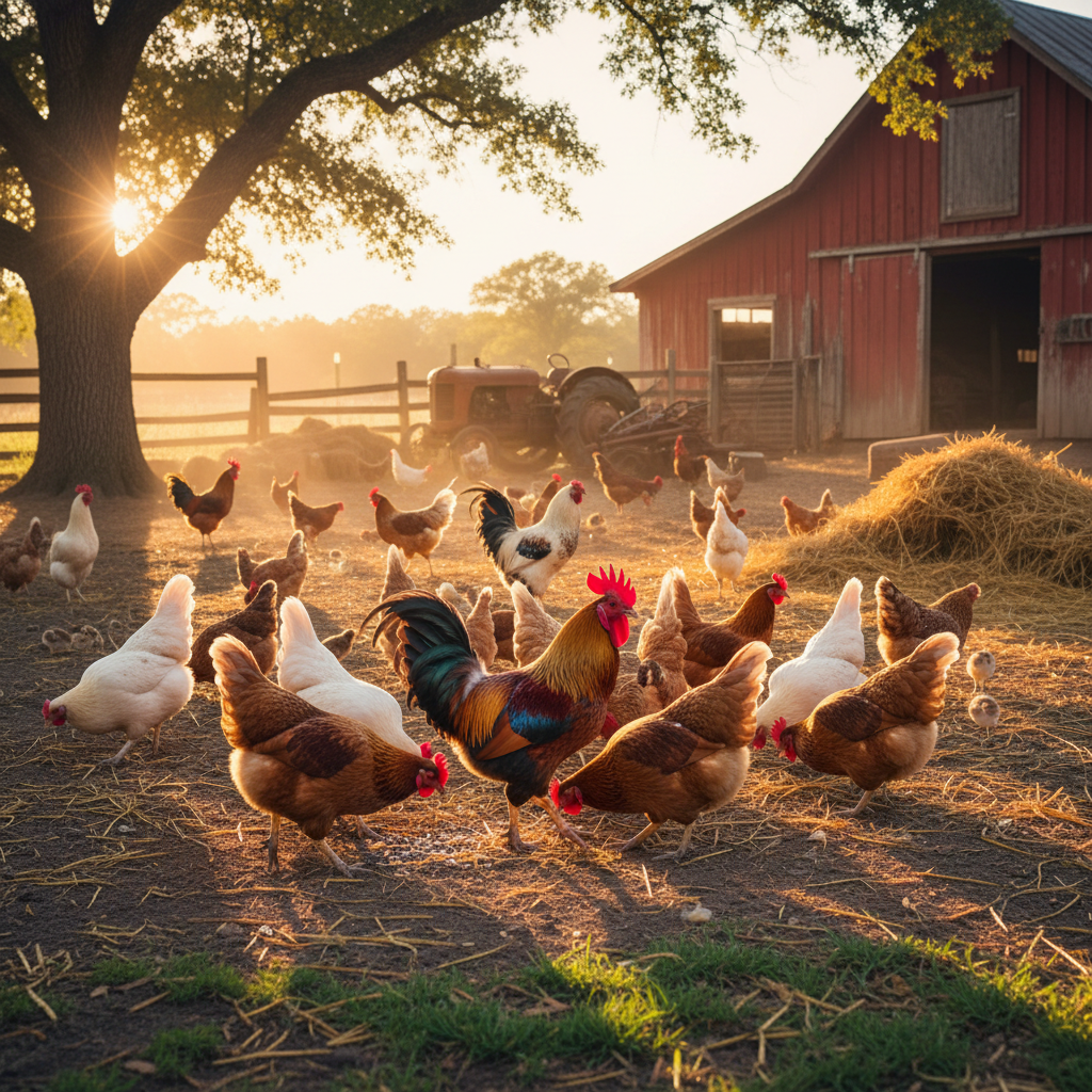 Chickens in sunny farmyard, warm golden light