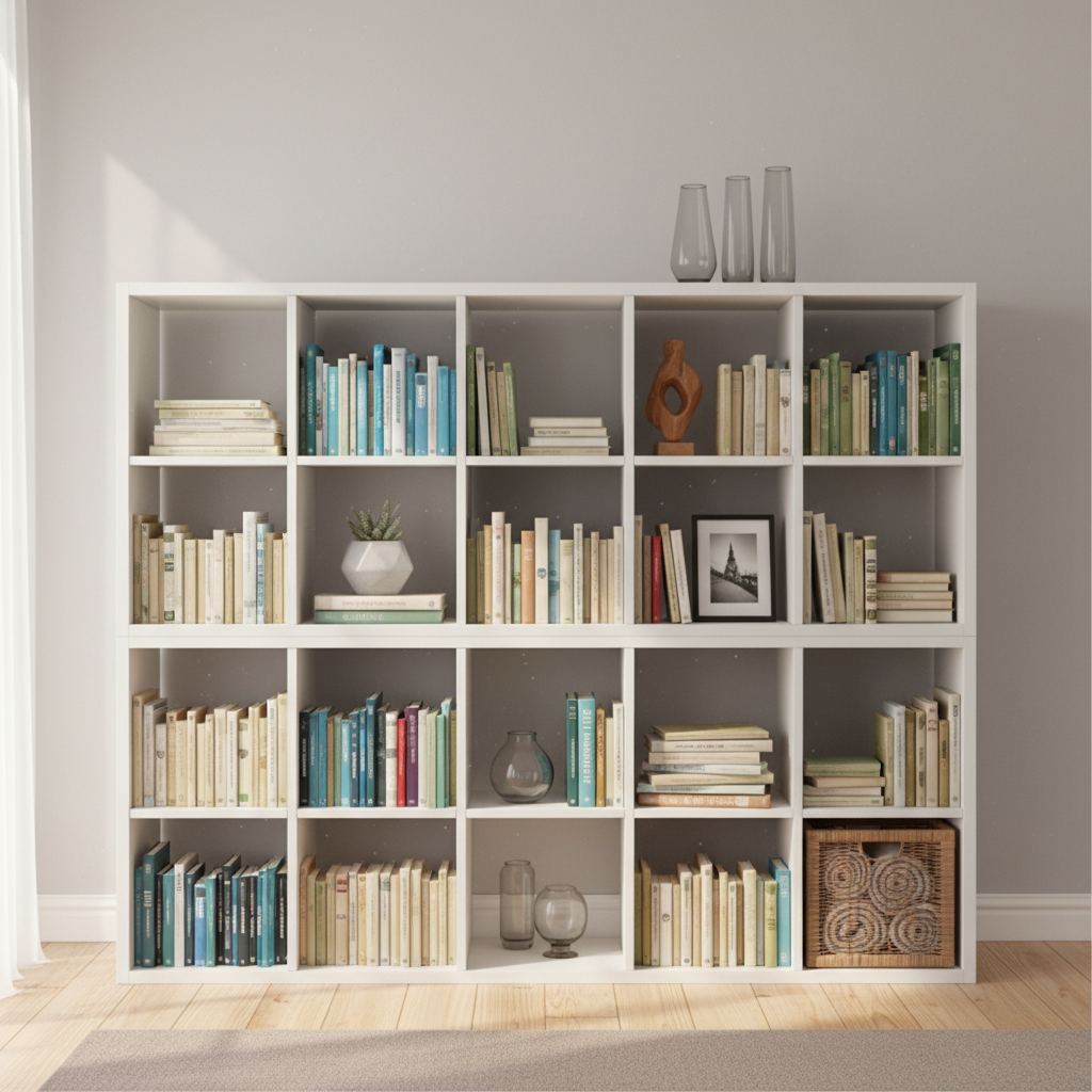 White IKEA KALLAX shelf unit with 16 compartments
