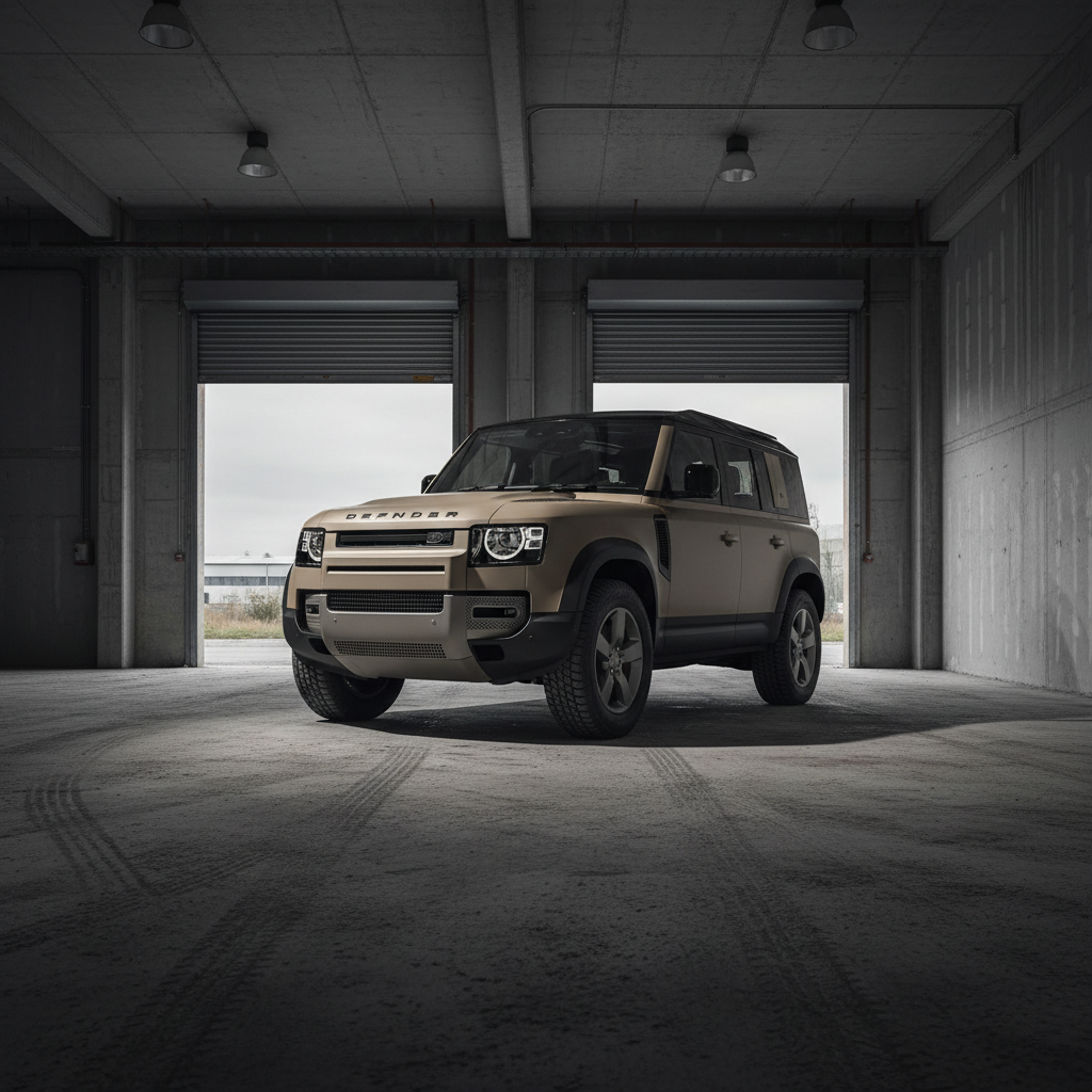 Matte-finish Land Rover Defender 130 shot from a low three-quarter angle inside a raw concrete warehouse — overhead gantry lighting casting hard shadows across the bonnet creases, steel roller doors half-open behind revealing grey British sky