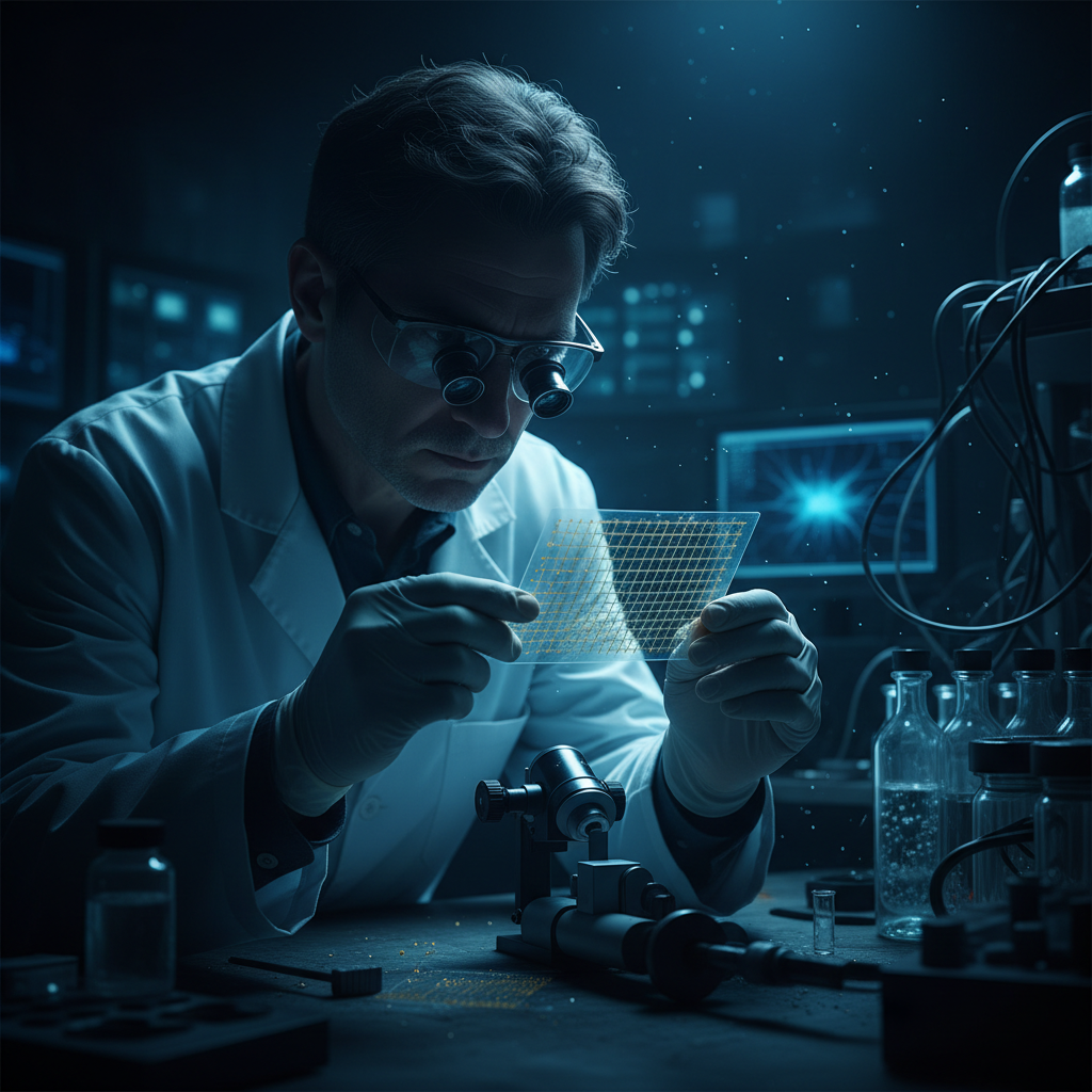 Scientist in dark lab examining neural electrode array, blue ambient lighting, dim atmospheric research environment with deep shadows