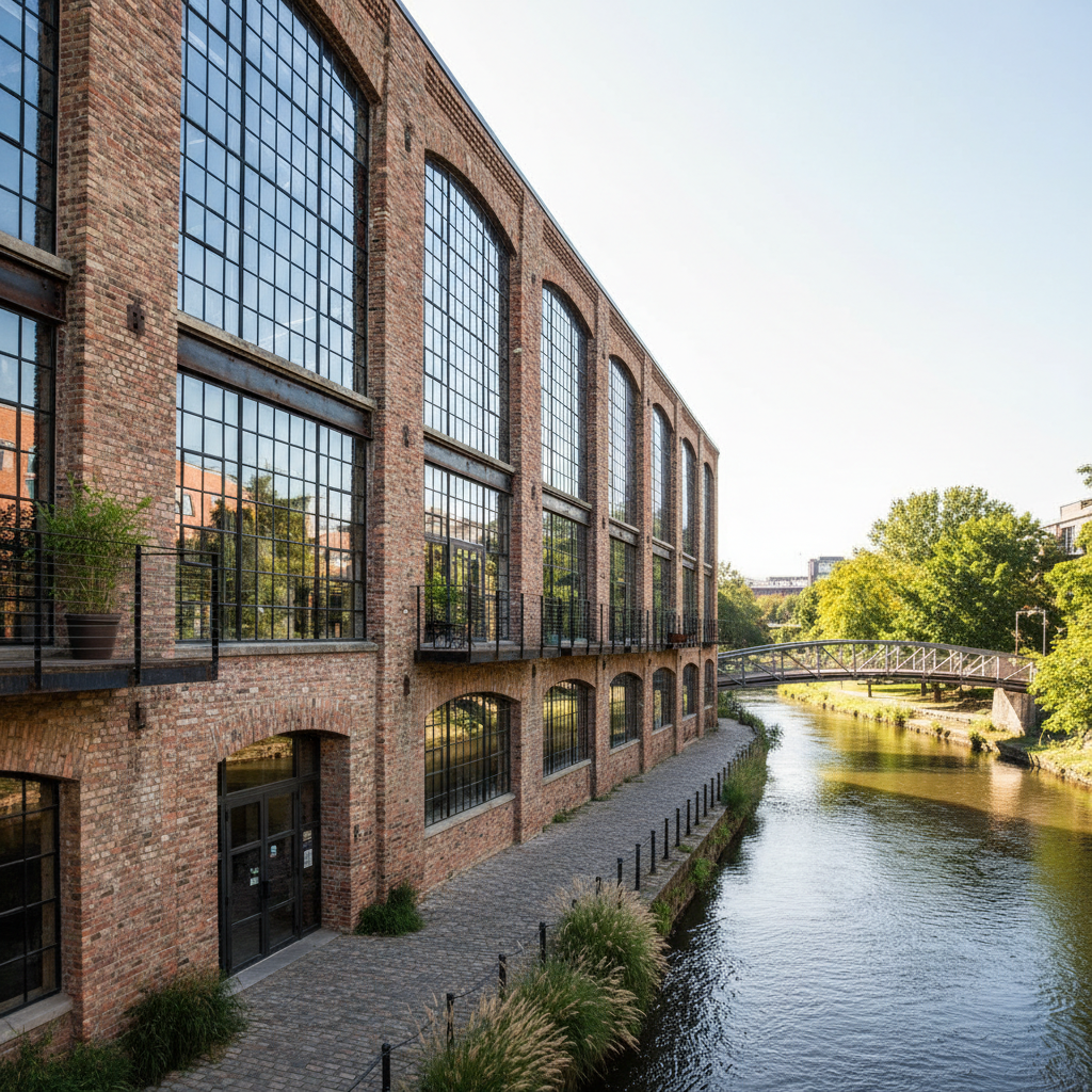 Stylish Porto loft apartment with exposed brick walls, wooden beams, river view, warm evening light
