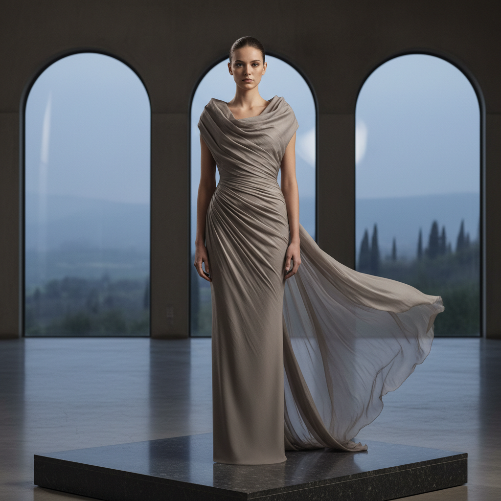 Fluid ash-smoke Italian crepe gown with architectural cowl neckline and clean column silhouette