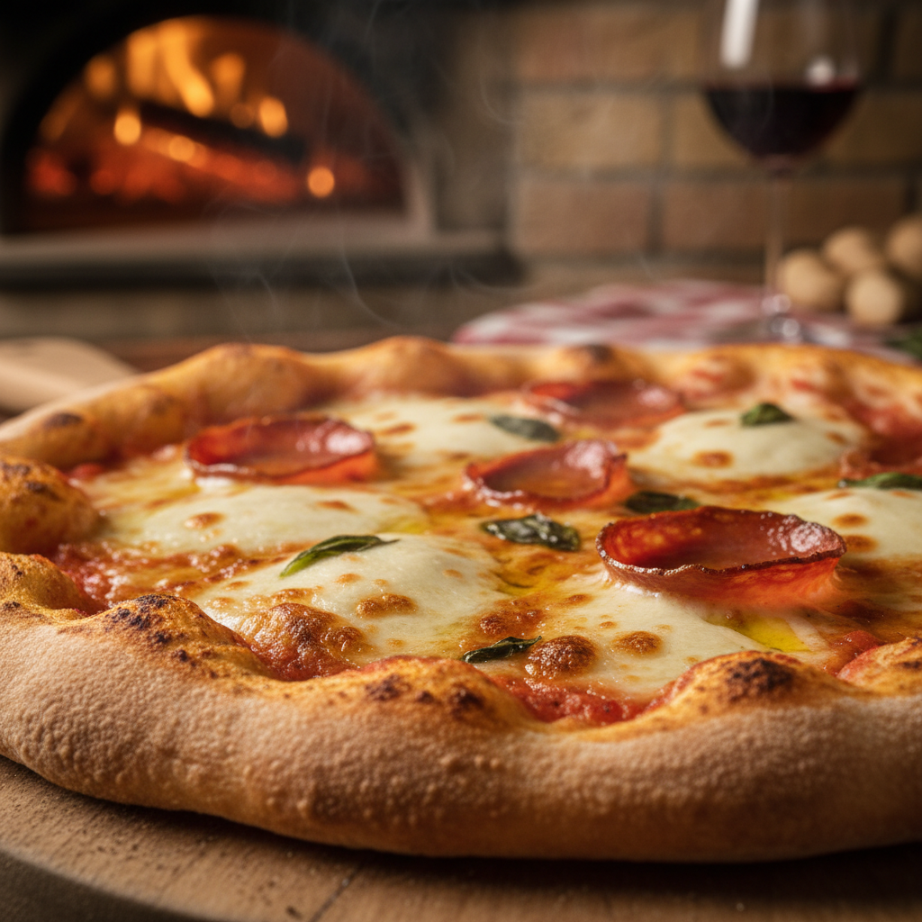 Hot fresh pizza with golden crust and fresh toppings from wood-fired oven