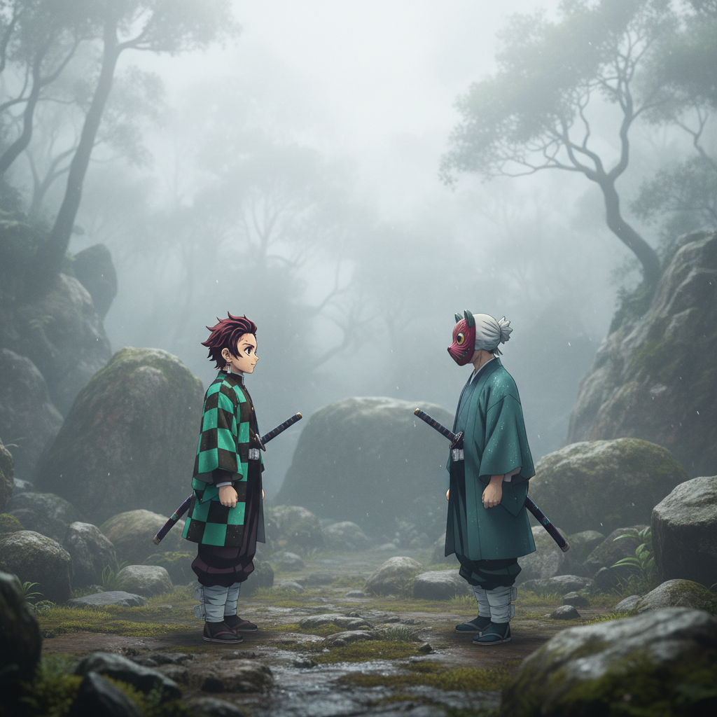 Mountain training scene with a masked demon slayer trainer