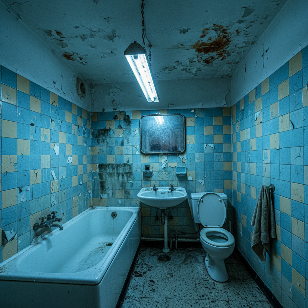 Baño pequeño con distribución obsoleta y humedad visible antes de reformar