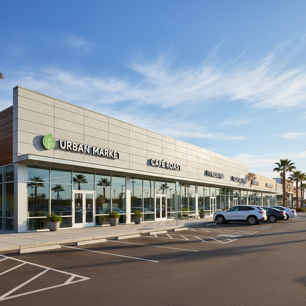 Newly built retail strip mall exterior with modern signage, clean concrete fascia, and bright open storefronts in daylight