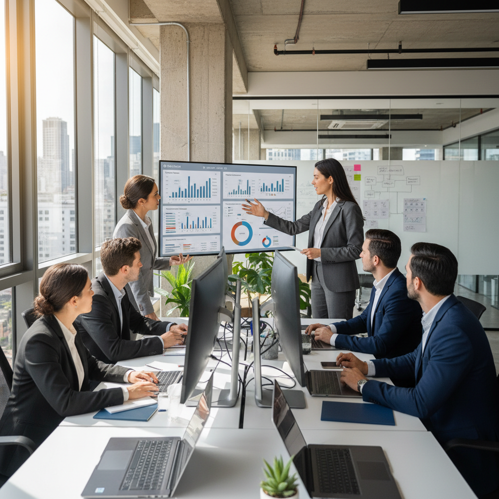 Executive sales leader reviewing pipeline data and CRM dashboards with a B2B sales team in a modern office