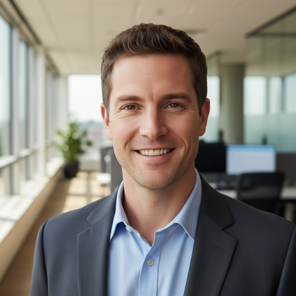 Professional headshot of young man with short brown hair wearing light blue shirt in contemporary office