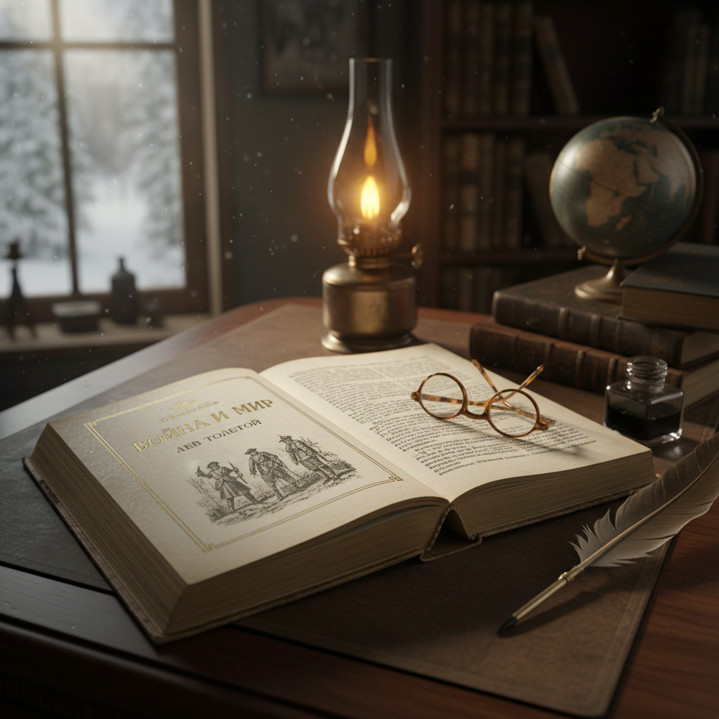 Old Russian novel open on dark desk, soft candlelight, moody literary study atmosphere