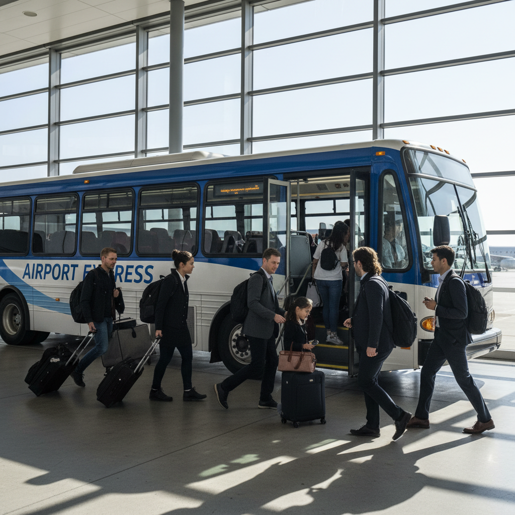 Airport shuttle bus at terminal with passengers boarding