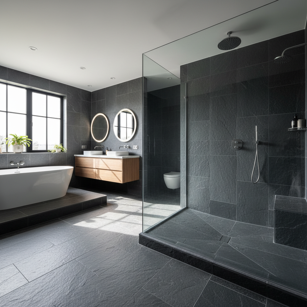 Park Hill primary bathroom with slate tile and large walk-in shower