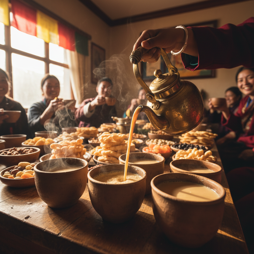 Butter tea being poured into clay cups at a Losar celebration table
