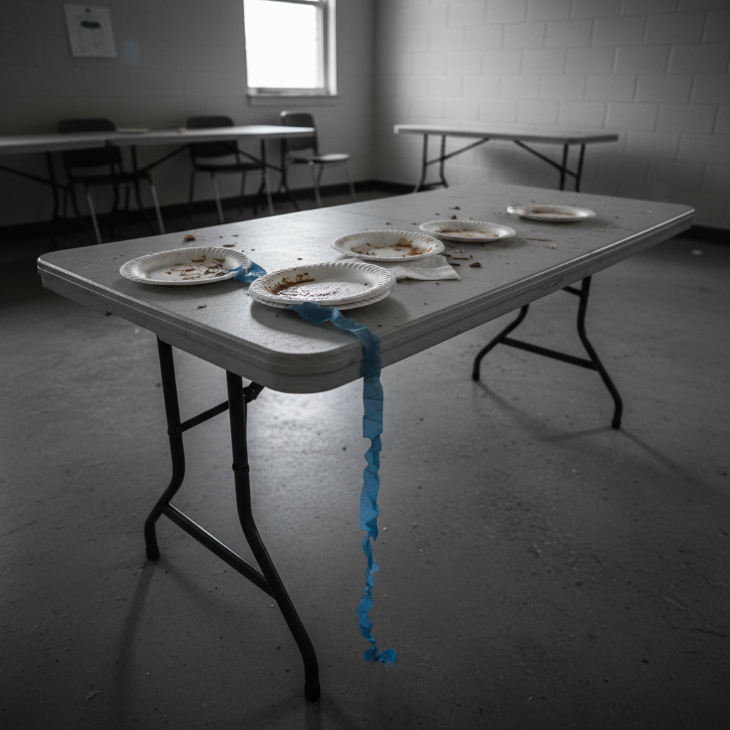 Bare folding table under fluorescent light with paper plates and a sad streamer