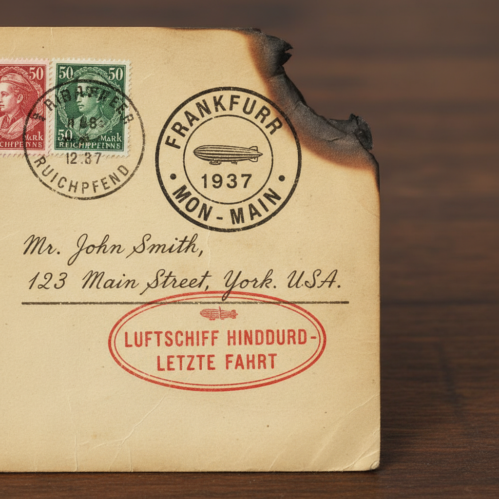 Hindenburg last flight cover with singed corner and 1937 Frankfurt postmark showing airship vignette