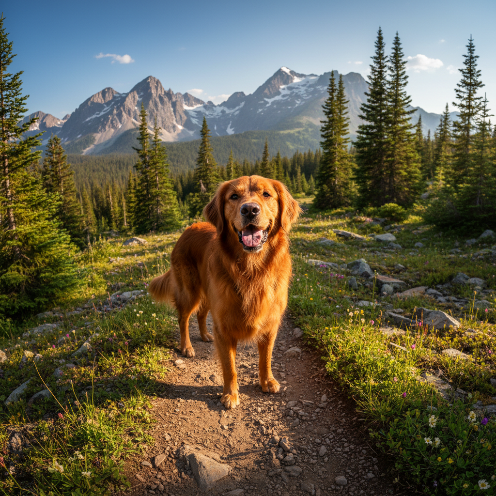 Hazel the red golden retriever on a hiking trail with mountains in background