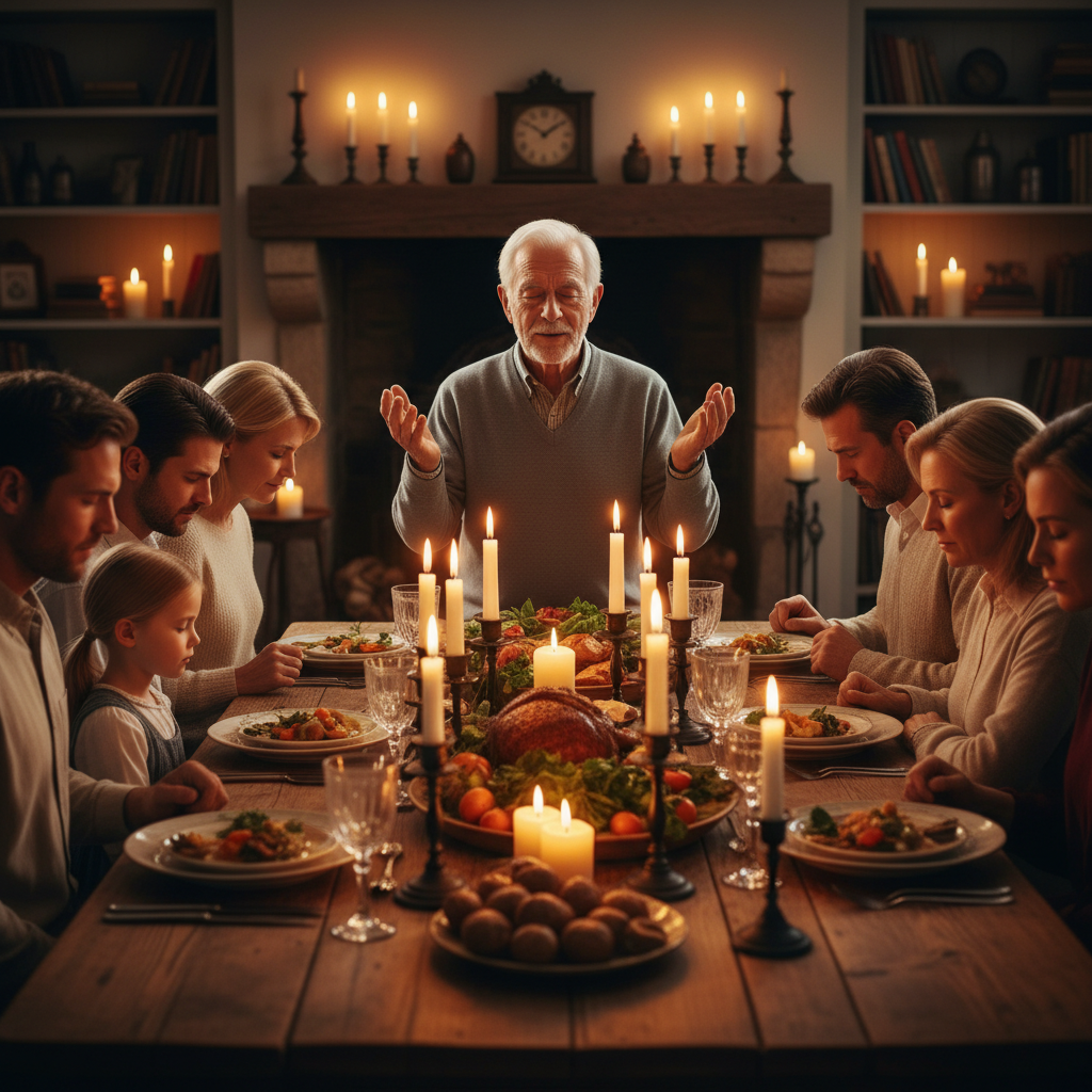 An elderly man saying grace at the head of the table, family bowing heads around him, candlelight
