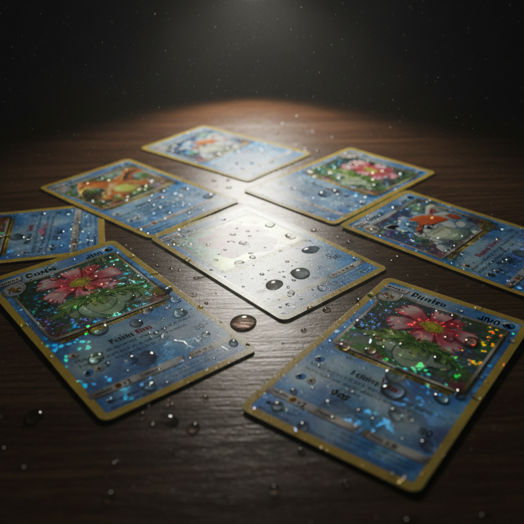 Holographic Pokémon trading card close-up on dark surface with neon blue light reflection