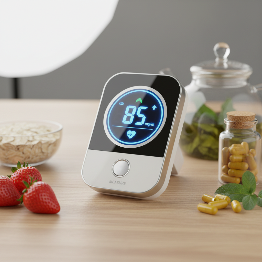 Diabetes management supplements with blood glucose monitor and healthy nutrition