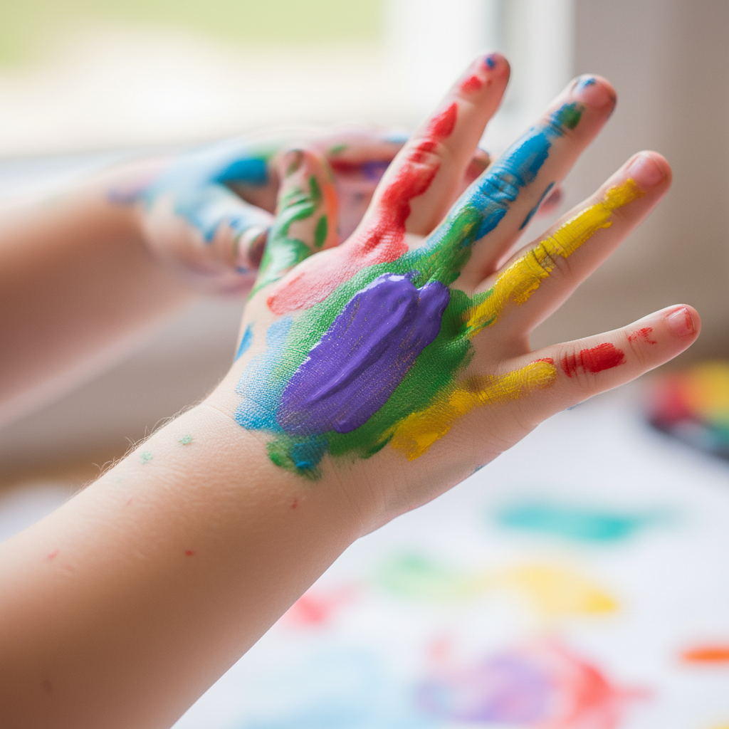 Child painting a colorful canvas with bright watercolors, hands covered in paint, pure joy
