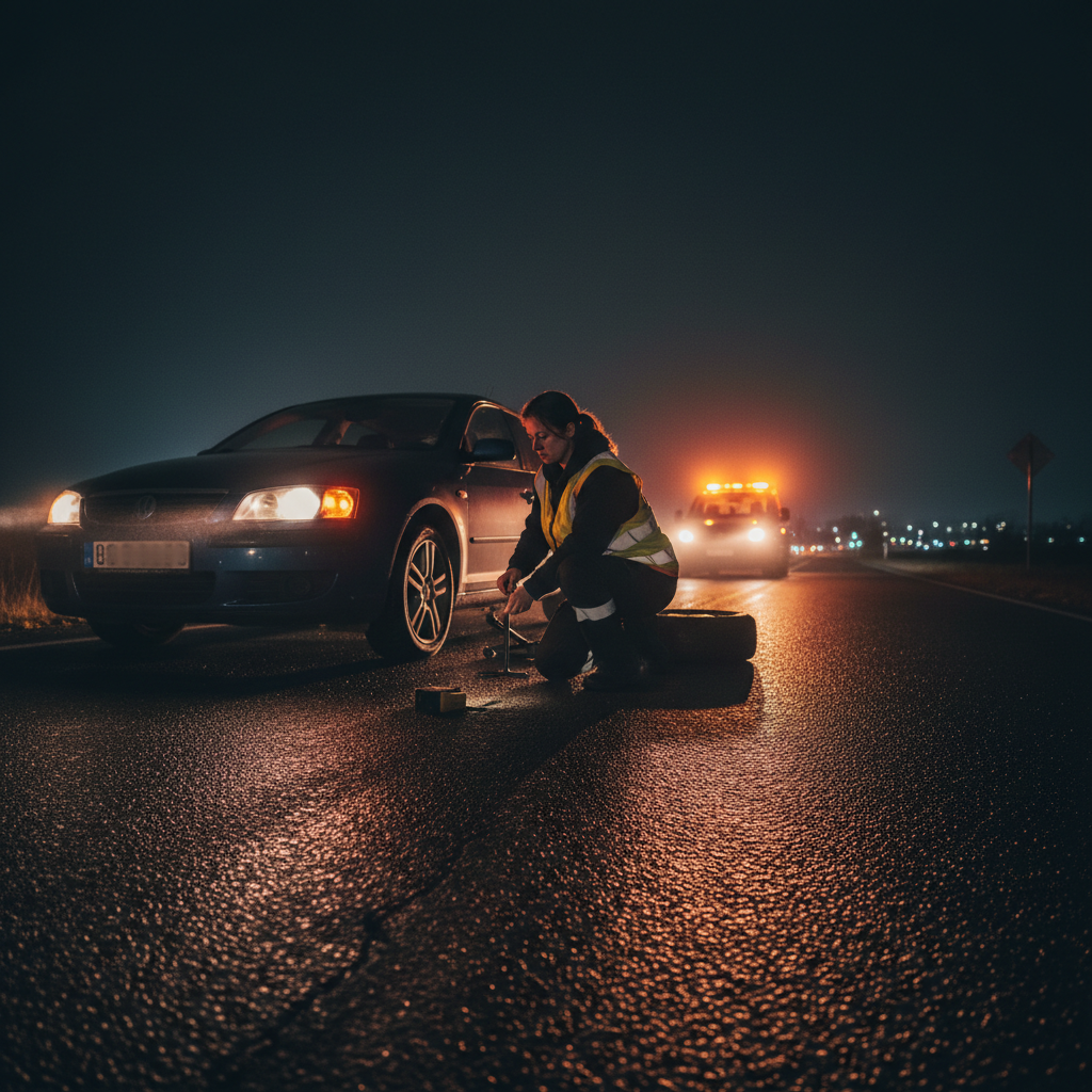 Flat tire assistance at night, roadside, dim atmospheric lighting