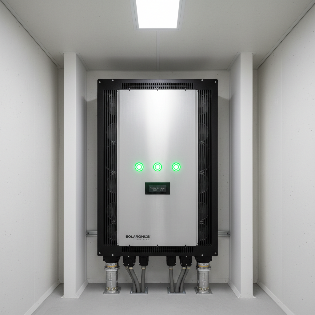 Solar inverter mounted on wall, electrical equipment, clean installation, well-lit indoor environment